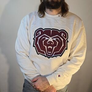 Champion‎ Mens L Sweatshirt White Missouri State Bears Big Logo Crewneck Stains